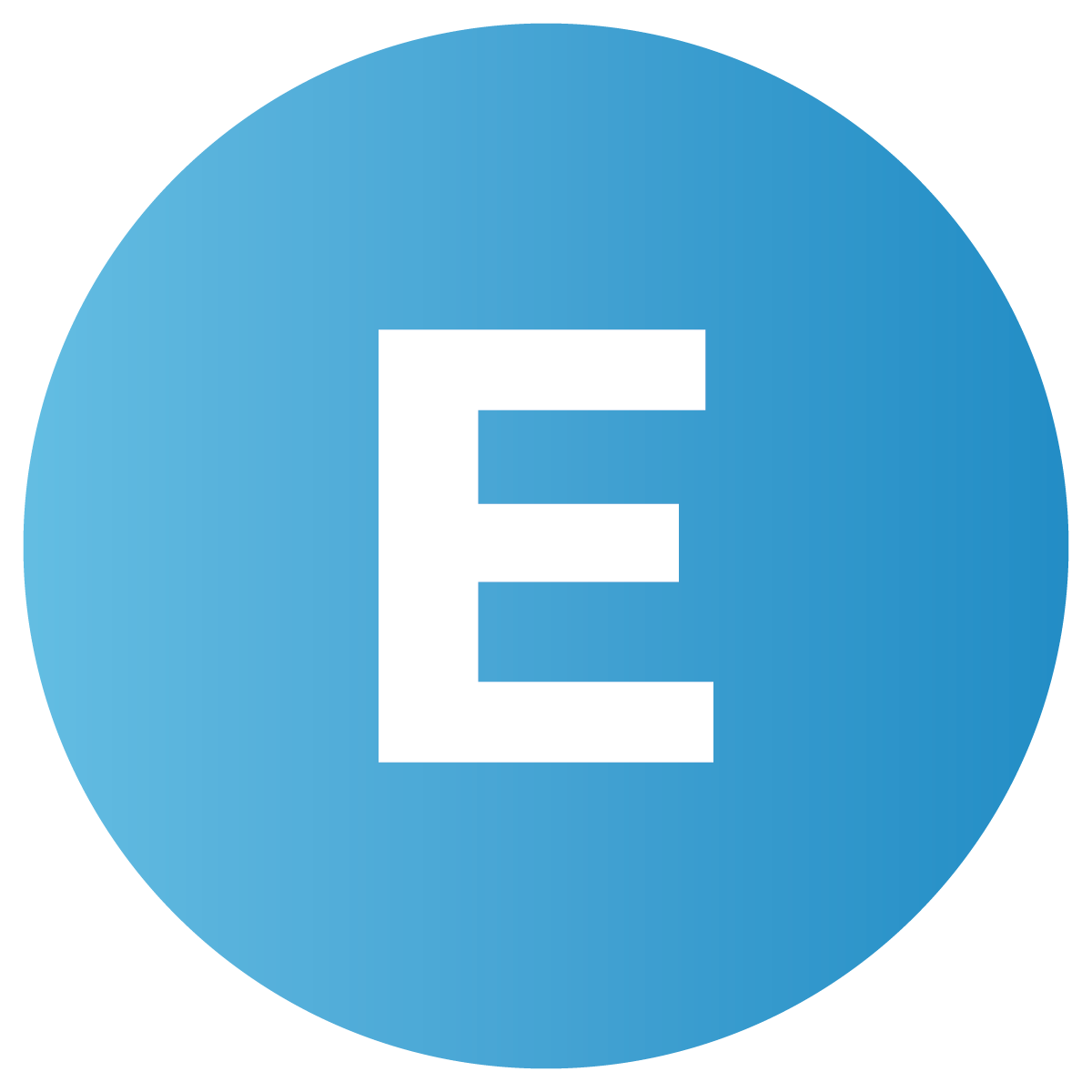 white letter E on blue circle