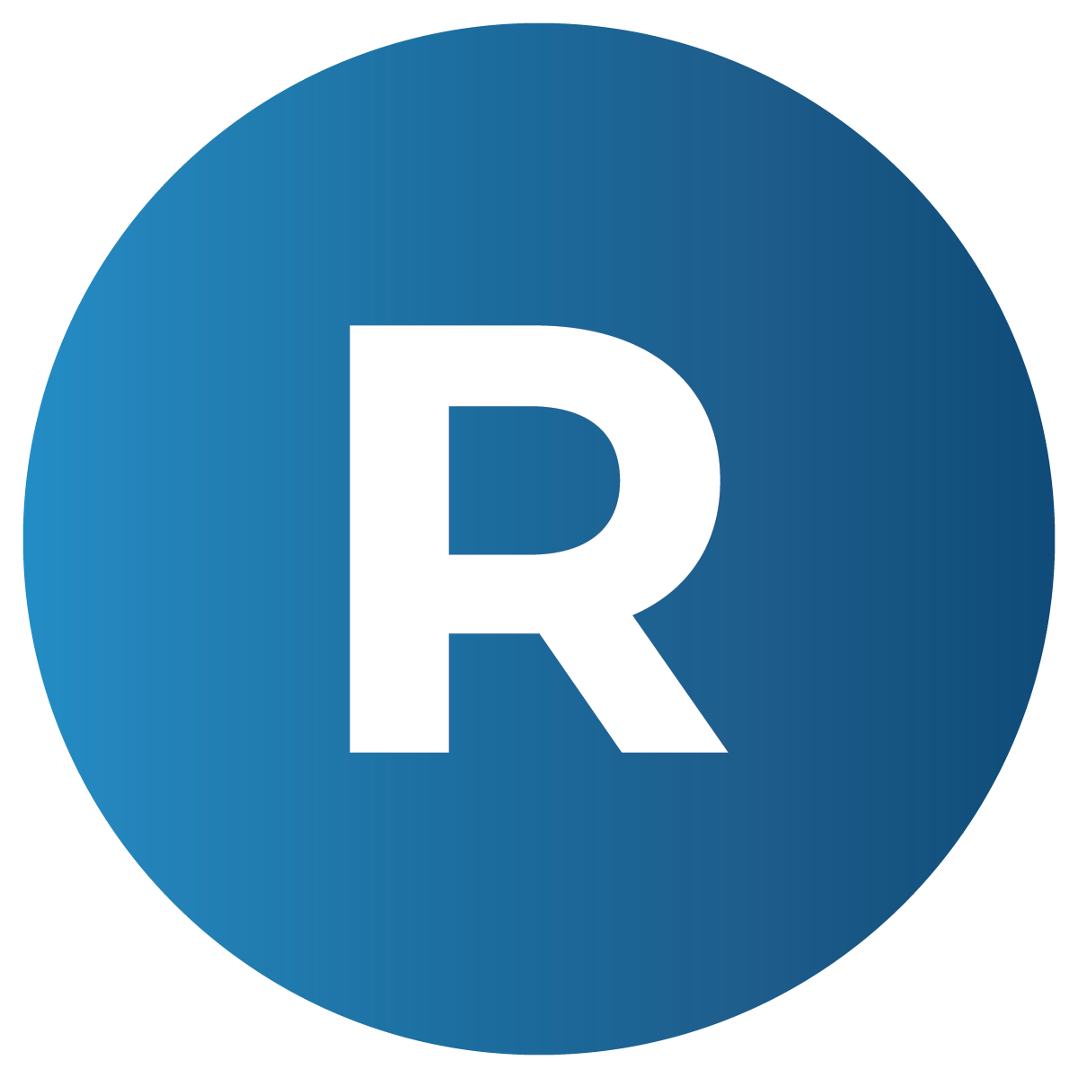 white letter R on blue circle